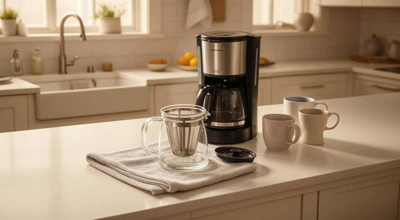 Cafeteira elétrica com jarra de vidro e várias canecas em uma mesa de café da manhã em família