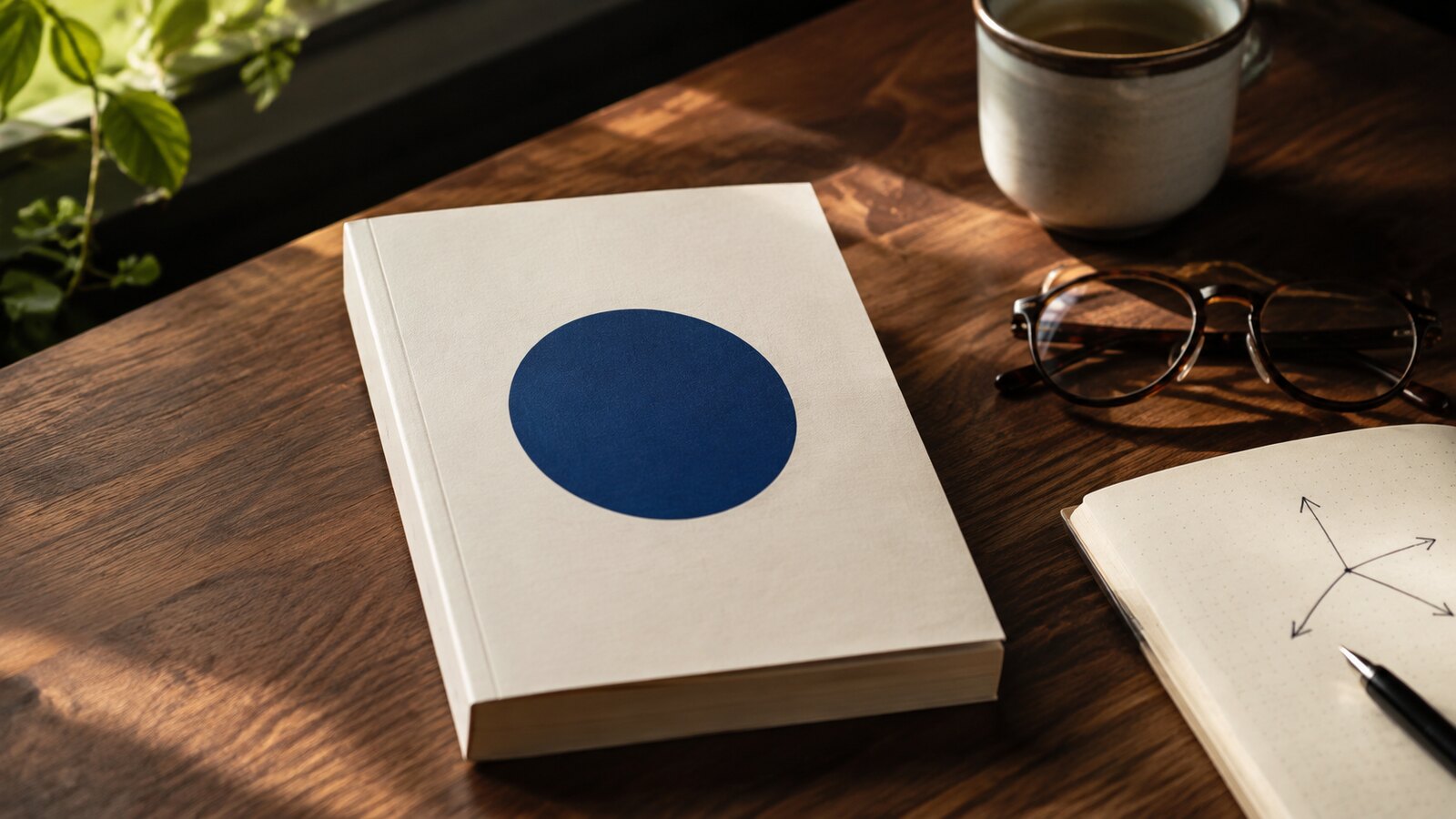 Livro de capa branca com círculo azul sobre mesa de madeira, inspirado em A Arte de Pensar Claramente