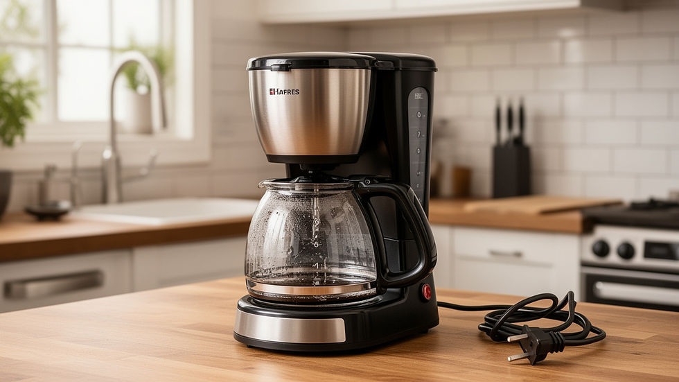 Cafeteira elétrica desligada da tomada para avaliação segura de falha na base aquecedora.