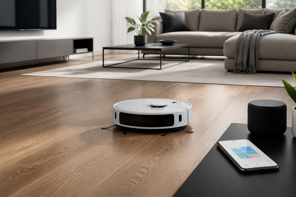 Robô aspirador branco em ação na sala moderna com piso de madeira. Sofá cinza ao fundo, mesa de centro preta e plantas decoram o ambiente.