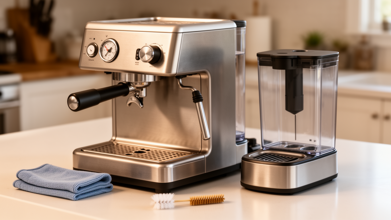 Porta-filtro, cestos, tamper e café moído ao lado de cafeteira espresso manual