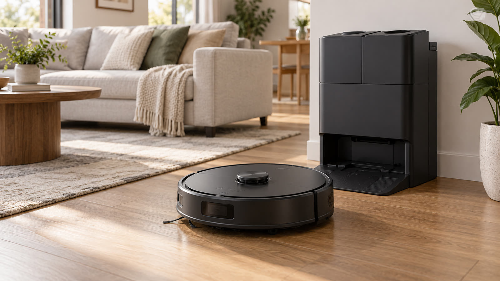 Black Roborock Qrevo S Pro-style robot vacuum with multifunction dock