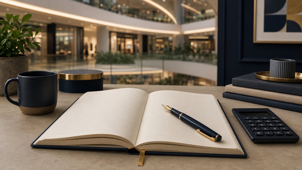 Caderno de acompanhamento de investimentos diante de um shopping center