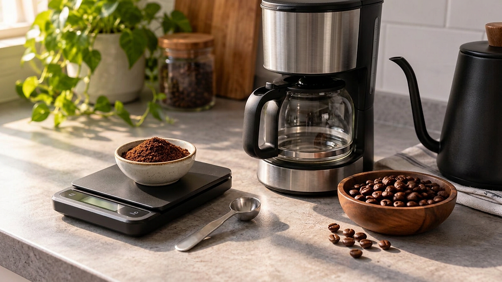 Café moído sendo medido em balança ao lado de cafeteira elétrica de filtro
