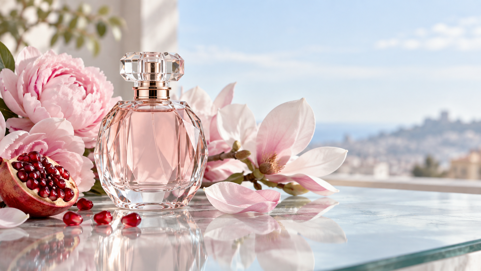 Composição editorial floral inspirada no perfil fresco do Versace Bright Crystal