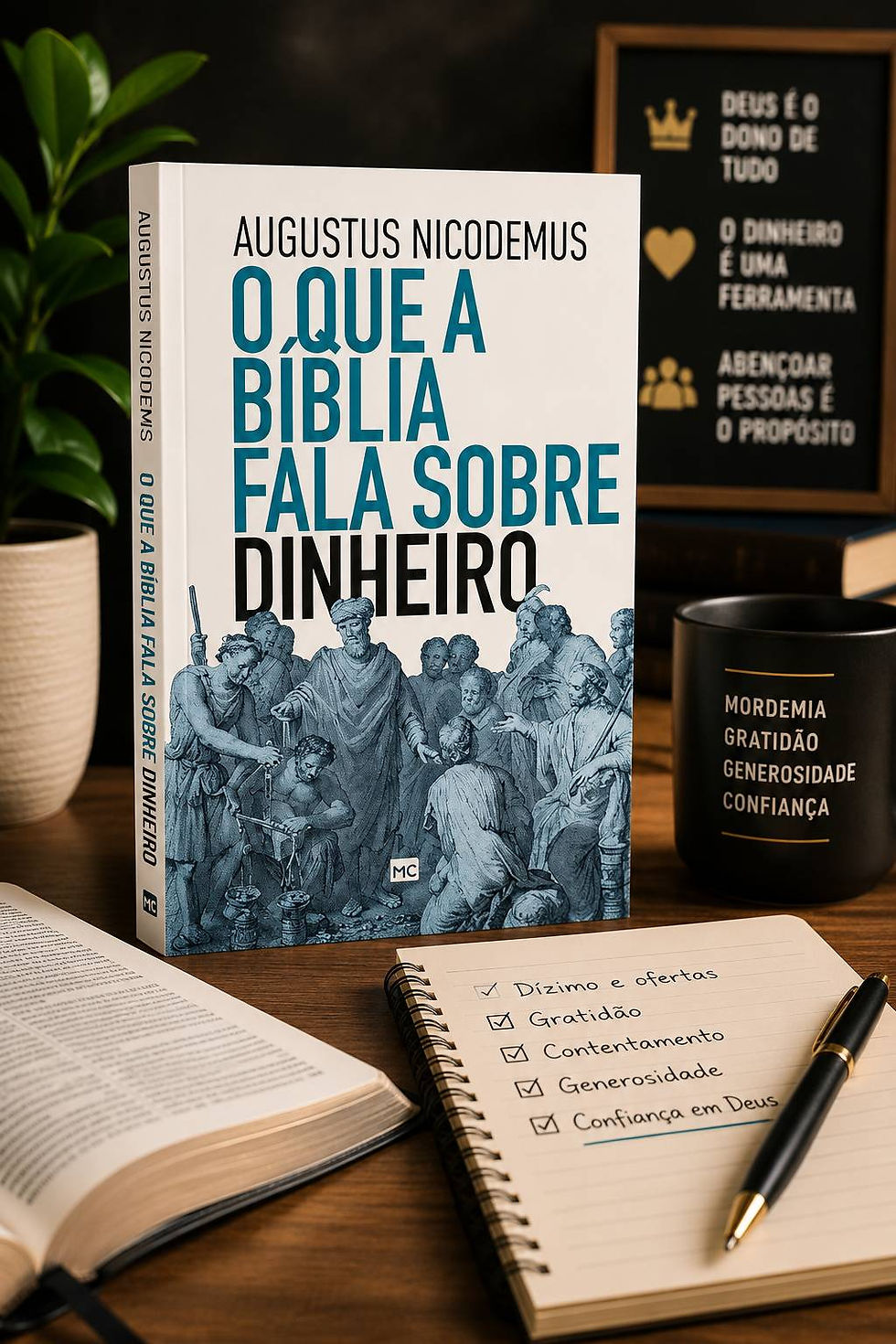 Livro O que a Bíblia Fala Sobre Dinheiro em mesa com caderno, Bíblia e caneca; fundo com quadro sobre Deus, dinheiro e propósito.