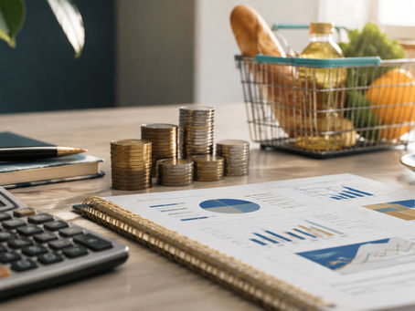 Calculadora, moedas e cesta de compras representam juros nominais, inflação e poder de compra