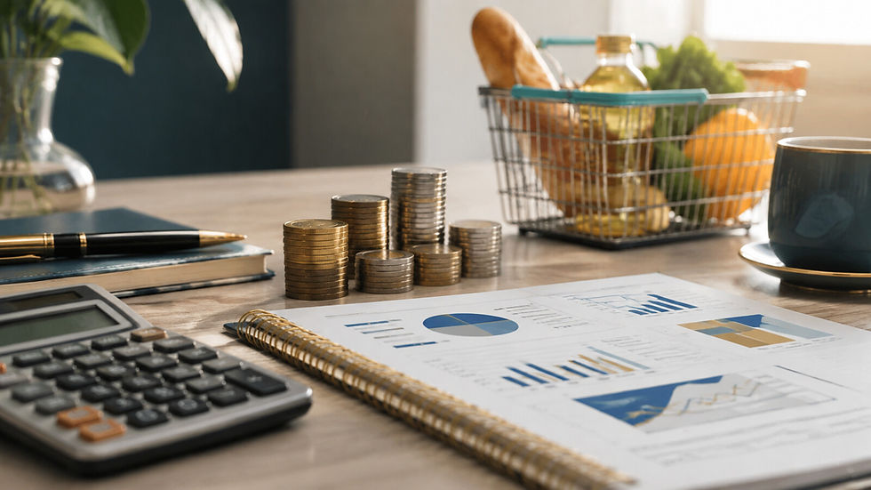 Calculadora, moedas e cesta de compras representam juros nominais, inflação e poder de compra