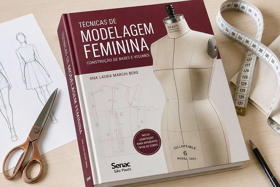 Capa de livro com saia branca em fundo escuro e texto: Técnicas de modelagem feminina, Senac.
