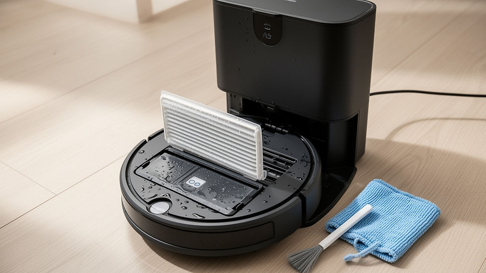 Base de robô aspirador com água vazando no piso durante diagnóstico