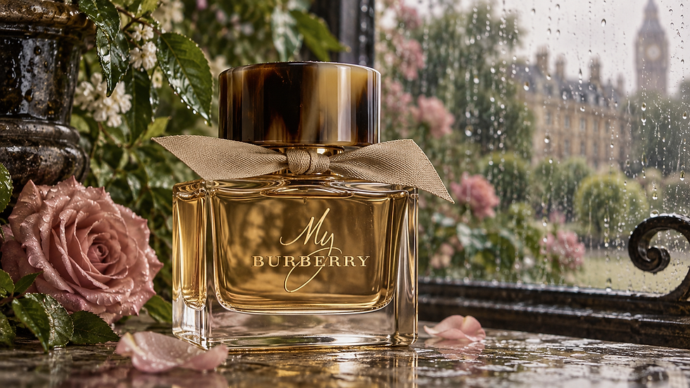 My Burberry Eau de Parfum 90 ml em composição com rosa e janela chuvosa