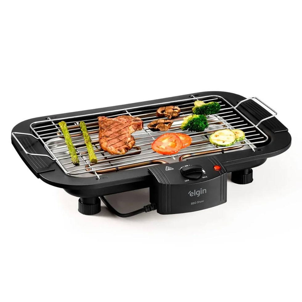 Churrasqueira Elétrica BBQ Show Elgin com legumes e carne grelhando, incluindo tomate, brócolis e aspargos. Botão de controle e texto "elgin".