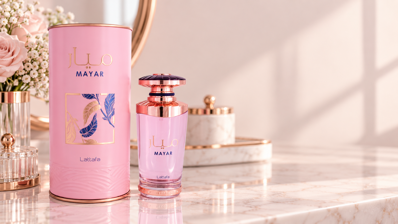 Lattafa Mayar EDP 100 ml ao lado da caixa cilíndrica
