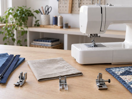 Máquina de costura doméstica com sapatilhas para zíper, bainha e quilting