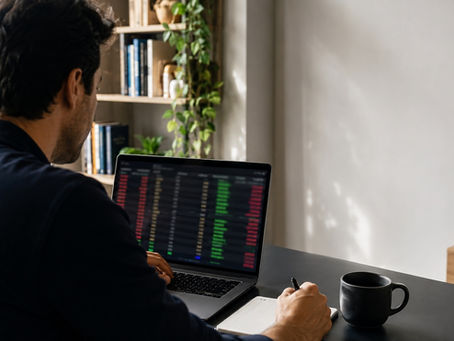Pessoa analisa um livro de ofertas em notebook para entender ordens limitadas e a mercado