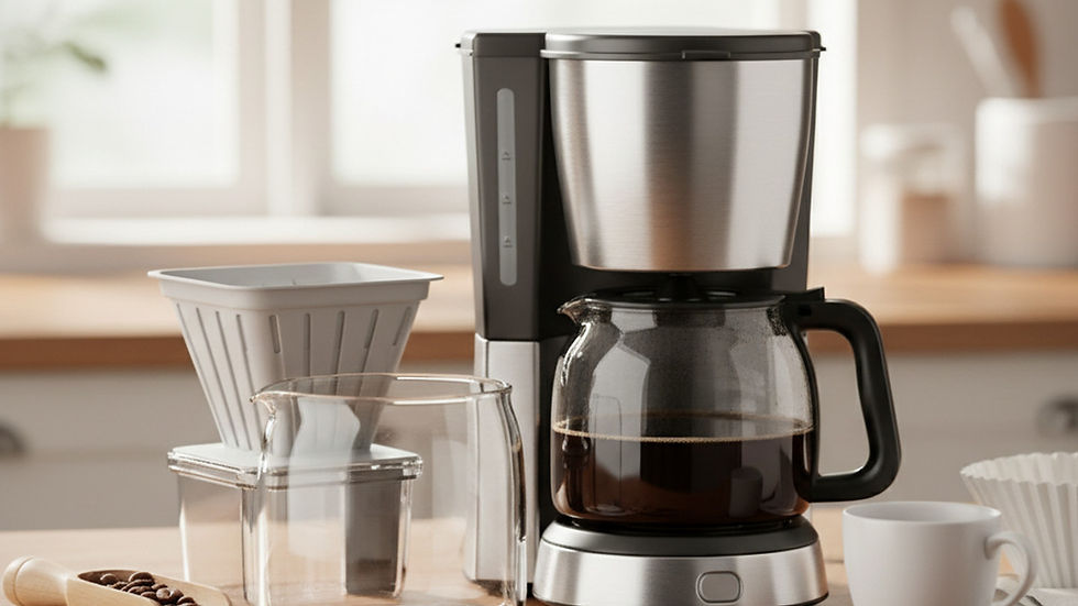 Cafeteira limpa com acessórios e grãos após rotina preventiva de manutenção mensal.