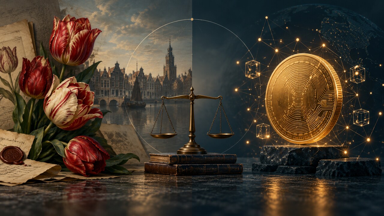 Tulipas históricas, balança e rede digital em comparação educativa entre Tulipomania e Bitcoin