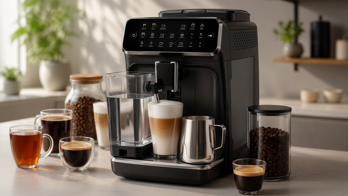 Cafeteira automática genérica com moedor e bebidas prontas para uma rotina de iniciante