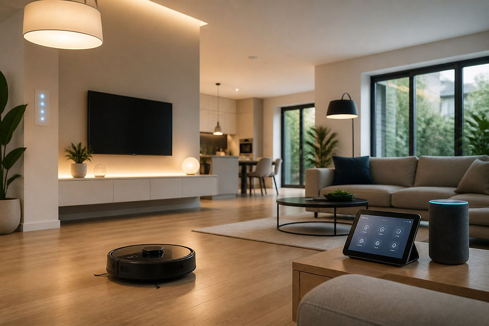 Robô aspirador Roborock limpando piso de madeira em sala moderna e iluminada, com sofá cinza, plantas e janela grande