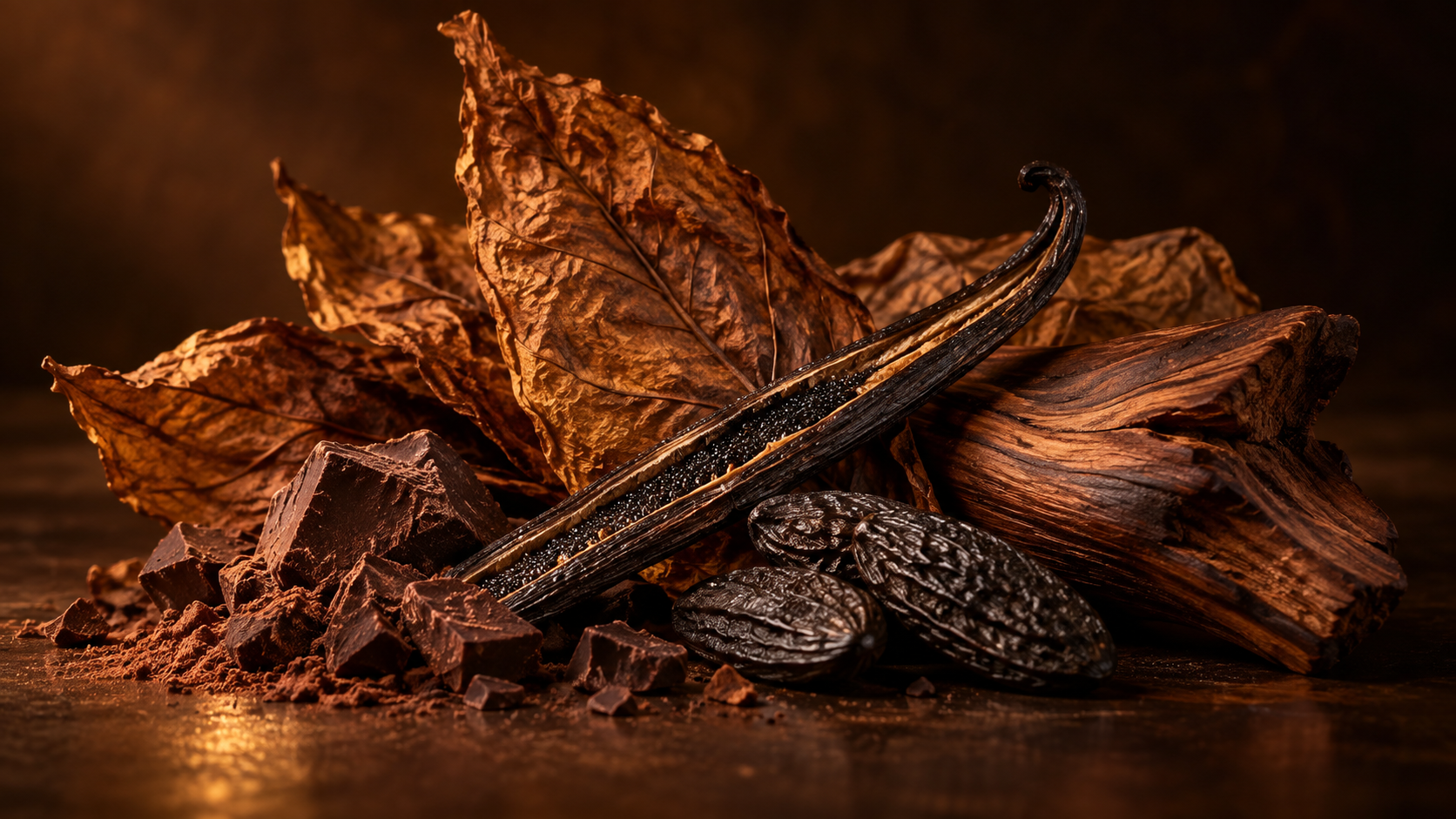 Folhas de tabaco, baunilha, cacau e madeira em composição inspirada no Tobacco Vanille