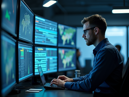 A-security-engineer-working-on-an-integrated-security-system-with-multiple-screens-display