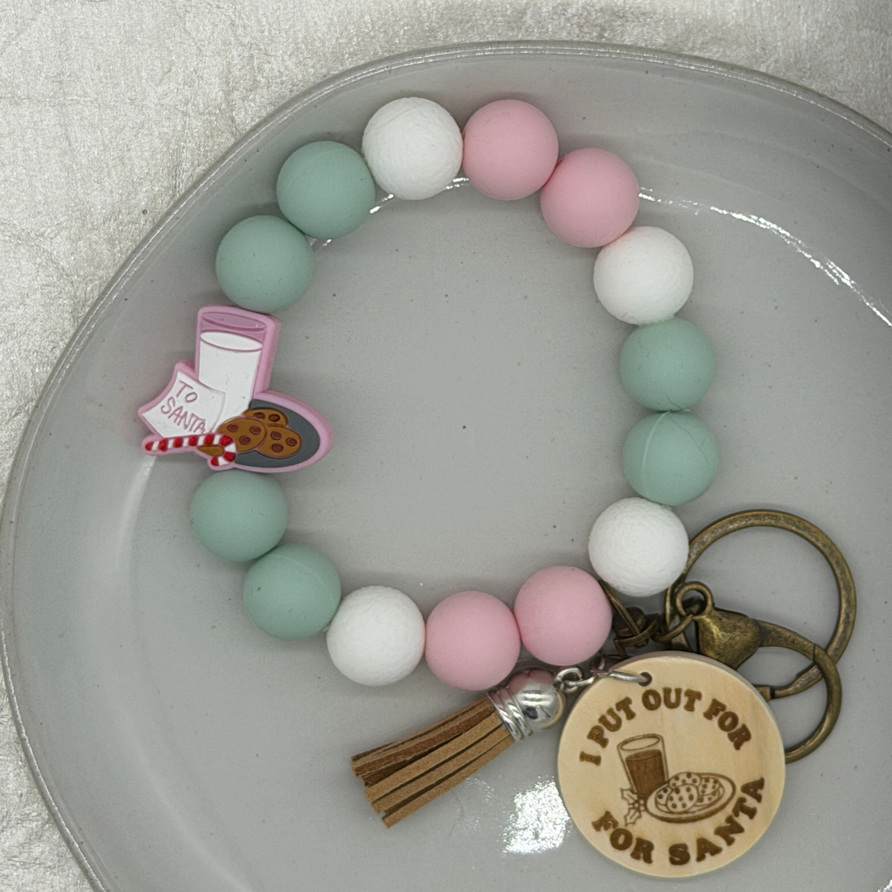 Cookies for Santa Silicone Beaded Wristlet Key Fob, Tassel, Wood Charm