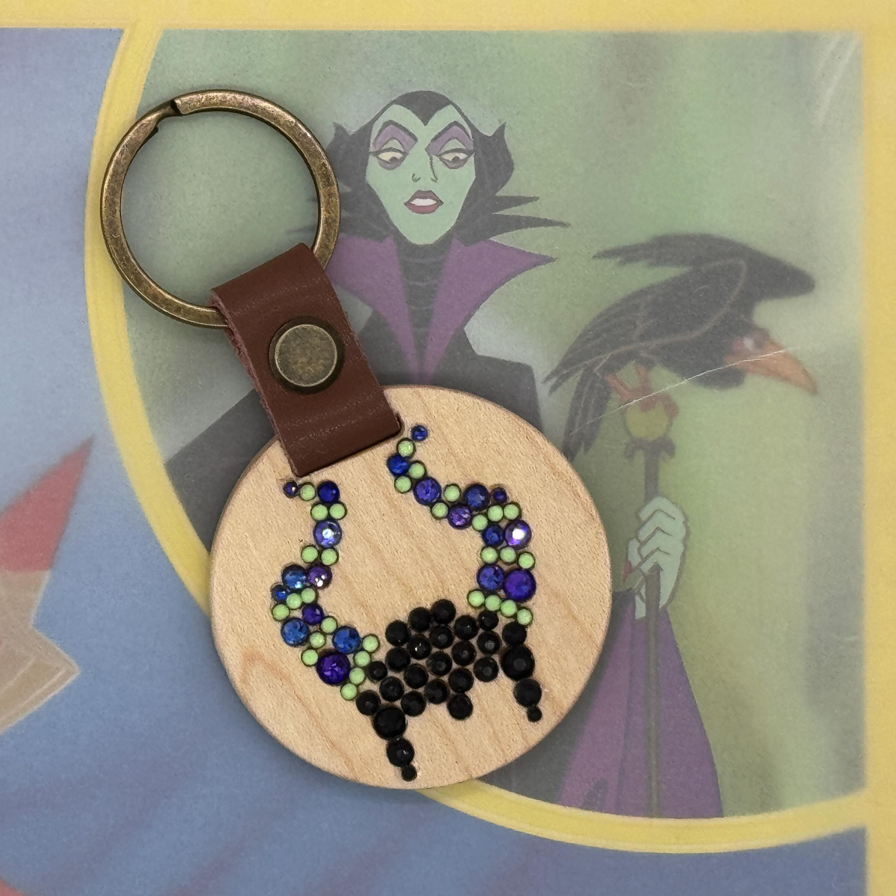 Mistress of Evil Horns Rhinestone Laser Engraved Wooden Keychain Round