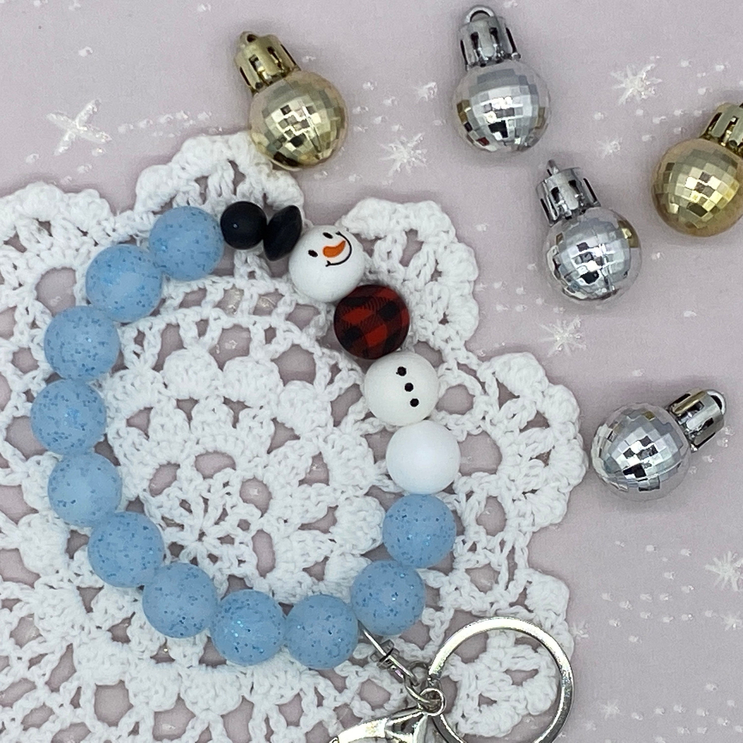 Snowman Buffalo Plaid Scarf Blue Glitter Silicone Beaded Wristlet Key Fob