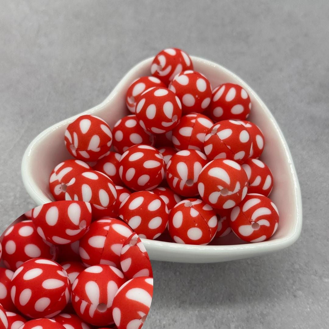 Polka Dot Red Printed 15mm Round Silicone Bead