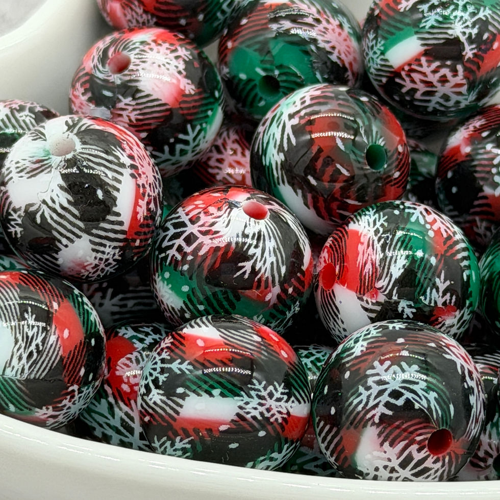 Thumbnail: Christmas Stripes Glossy Snowflake Buffalo Plaid Winter Printed 15mm Round Bead