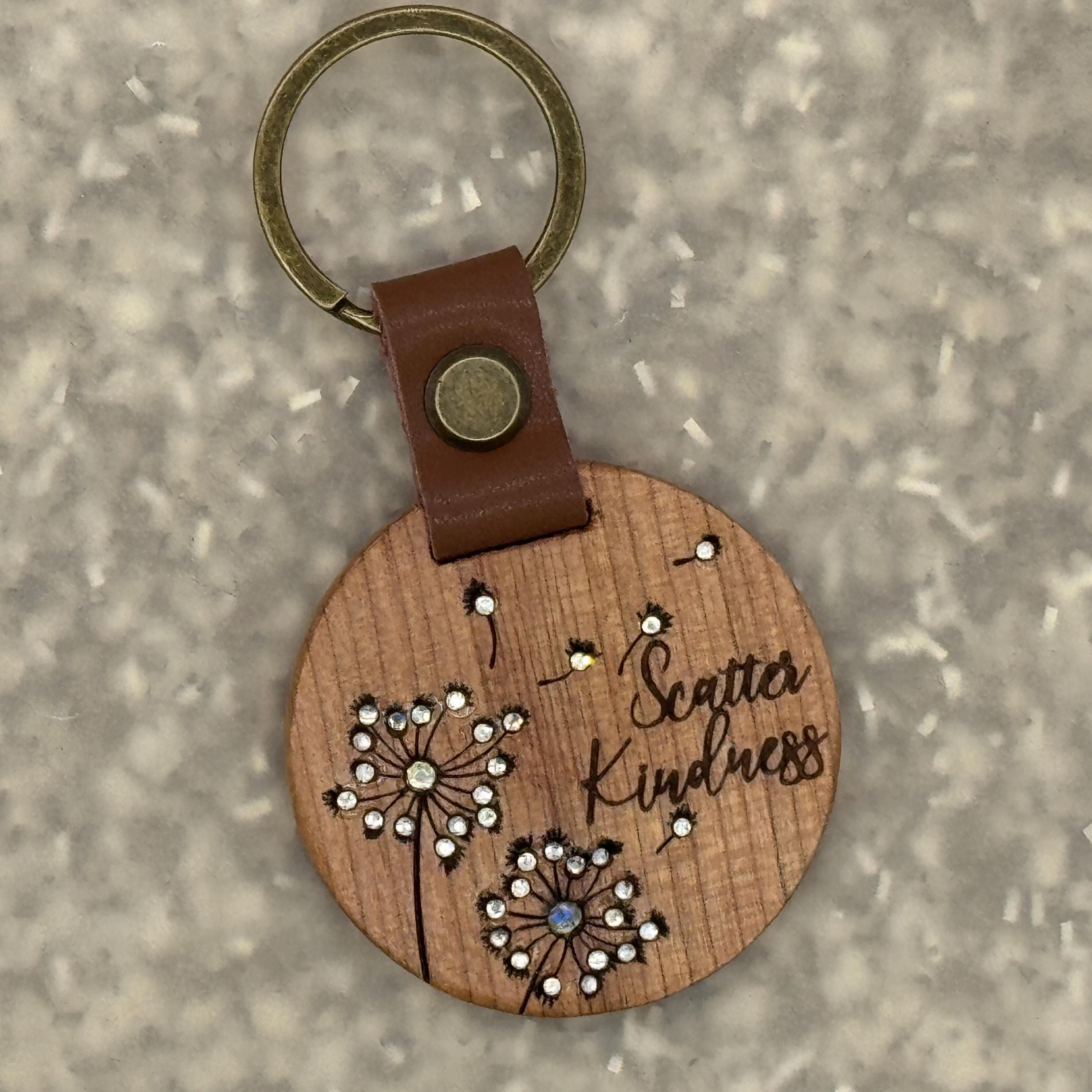 Scatter Kindness Dandelions Rhinestone Laser Engraved Wooden Keychain Round