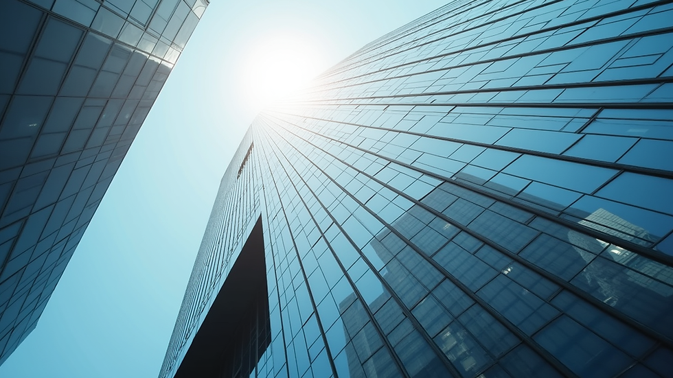 Eye-level view of a modern office building reflecting the sky