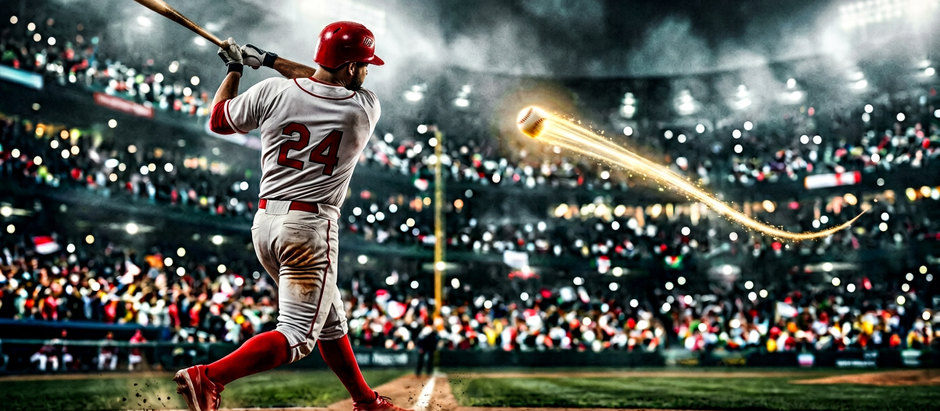 一名強力的棒球擊球員揮棒瞬間,球體帶有金色流光飛向遠方,象徵中小企業打造如大谷翔平般的明星產品,引爆市場行銷商機。