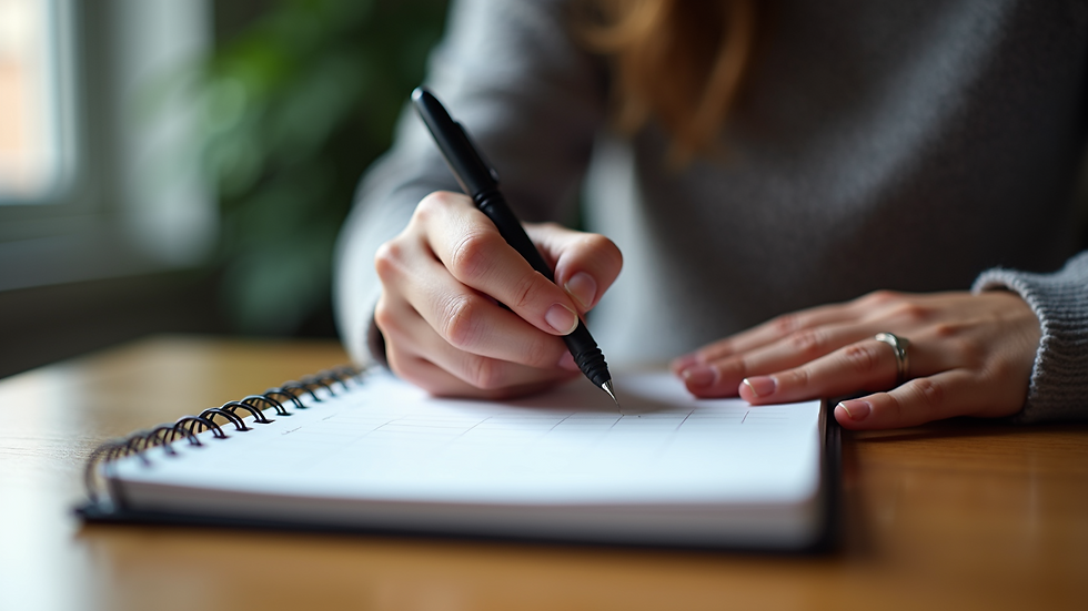 Eye-level view of a person writing fitness goals in a journal