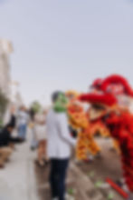 Lion dancers perform on a street with onlookers