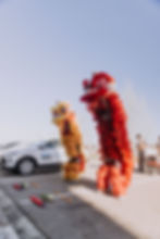 Red and yellow lion dancers performing outdoors