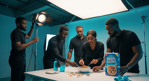 A professional creative team in a studio setting performing meticulous food styling and art direction for a consumer cereal b