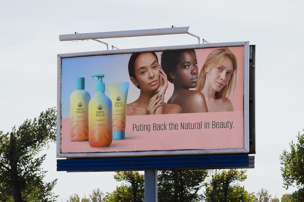 A large outdoor billboard advertisement for 'Sativa Balm' skincare, featuring three diverse women alongside three skincare products—a pump bottle, a squeeze tube, and a jar—set against a blue and pink background with the slogan 'Puting Back the Natural in Beauty.