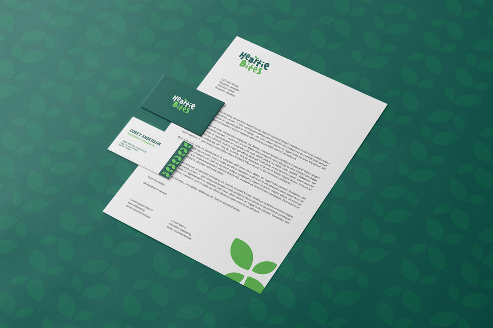 Corporate stationery for Heartie Bites, including letterheads and business cards, showcasing the brand's visual identity.