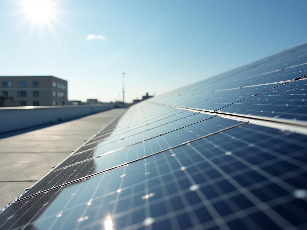 Solar panels covering a rooftop under bright sunshine.