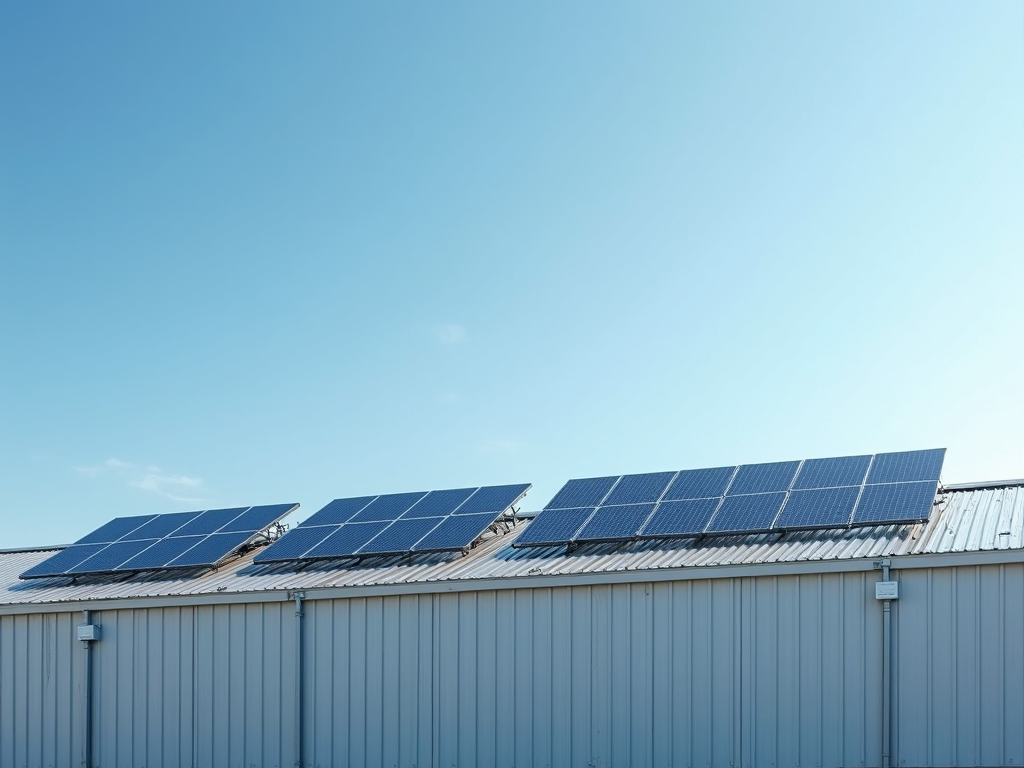 Solar panels covering a metal industrial rooftop.