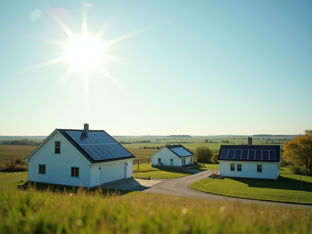 Solar panels on white house rooftops in a rural landscape.