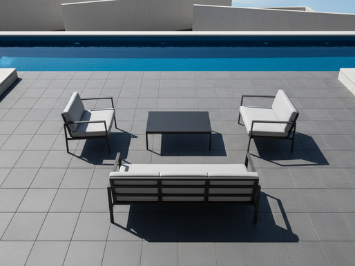 Terrasse en pavé uni Rive-Sud avec mobilier moderne et piscine aménagée
