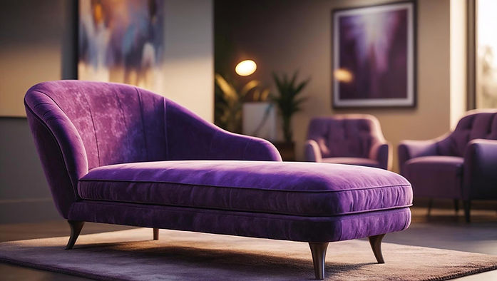 A cinematic concept scene, photorealistic rendering, of a contemporary purple velvet chais