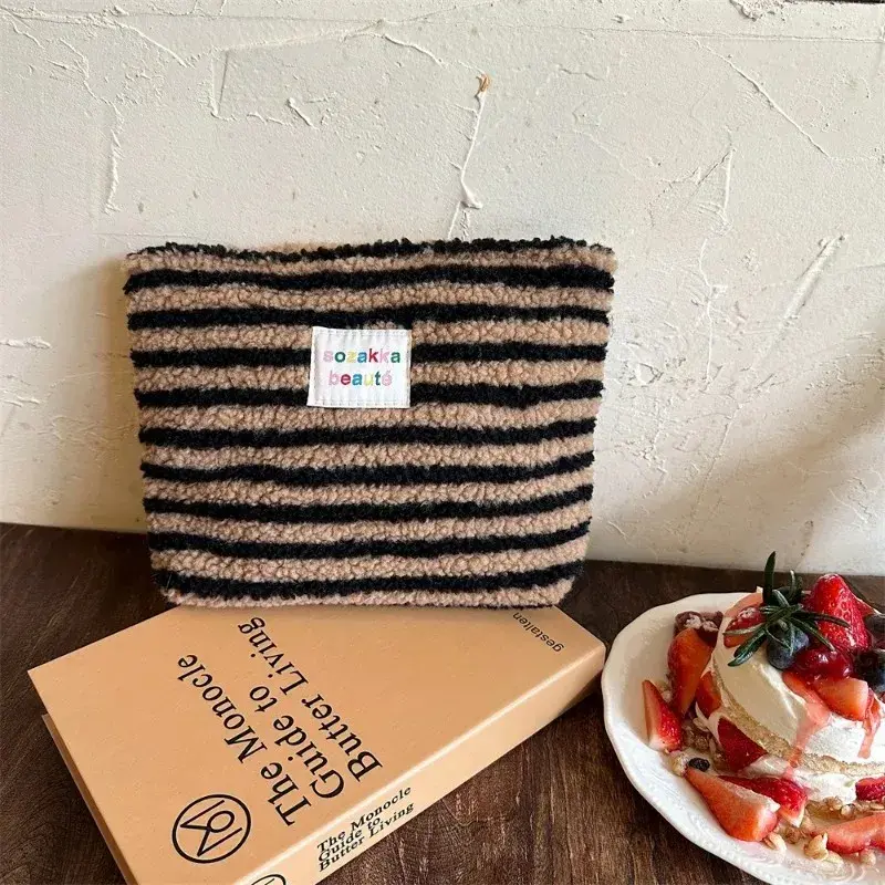 Miniature : New Colorful Striped Dot Plush Clutch Cosmetic Bag Large Capacity Makeup Pouch