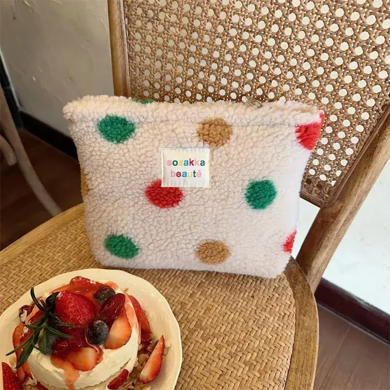 Miniature : New Colorful Striped Dot Plush Clutch Cosmetic Bag Large Capacity Makeup Pouch