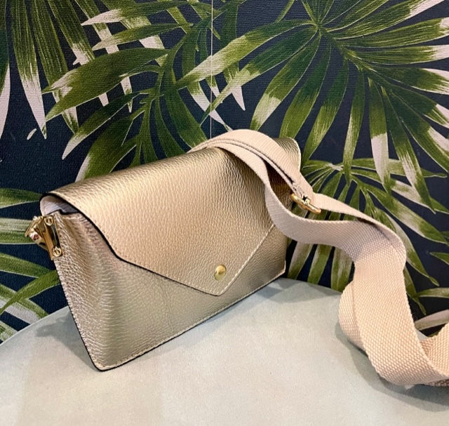 Thumbnail: Soft Gold Leather Cross Body Bag with Thick Web Strap