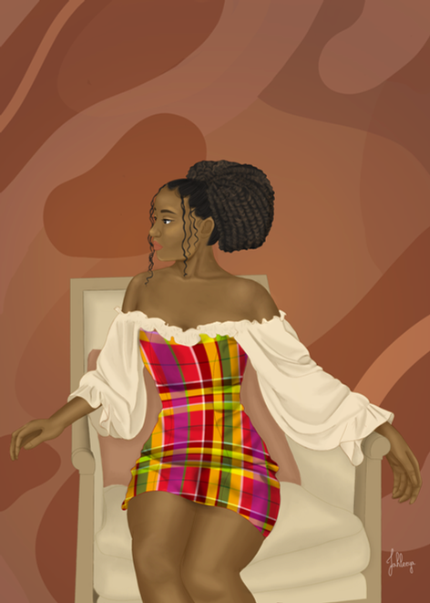 Illustration d'une femme portant une robe avec un motif madras 