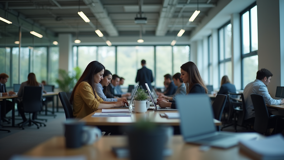 High angle view of a busy office with employees using laptops