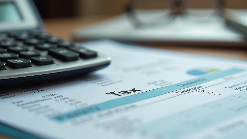Close-up view of a calculator and tax documents on a desk